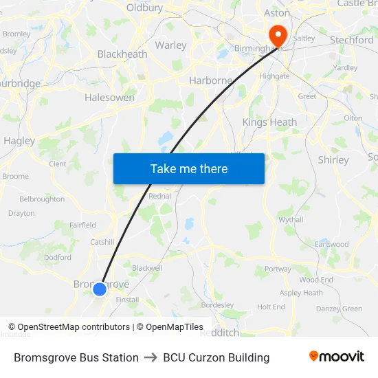 Bromsgrove Bus Station to BCU Curzon Building map
