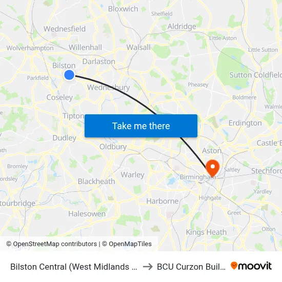 Bilston Central (West Midlands Metro) to BCU Curzon Building map