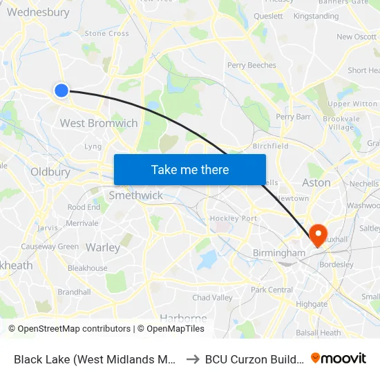 Black Lake (West Midlands Metro) to BCU Curzon Building map