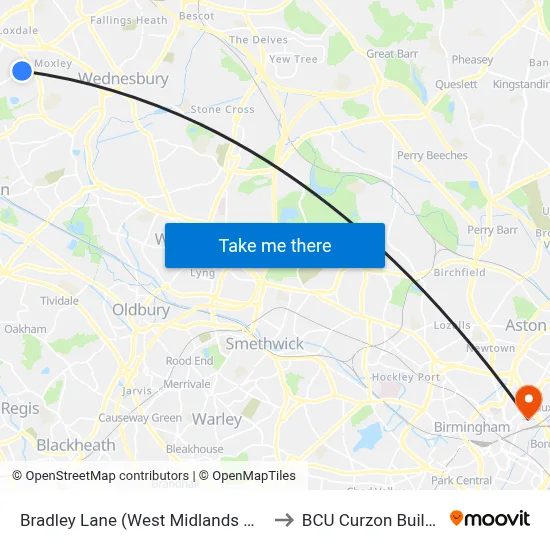 Bradley Lane (West Midlands Metro) to BCU Curzon Building map