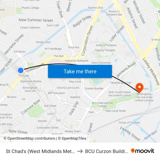 St Chad's (West Midlands Metro) to BCU Curzon Building map