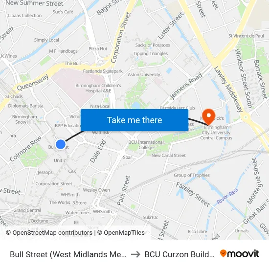 Bull Street (West Midlands Metro) to BCU Curzon Building map