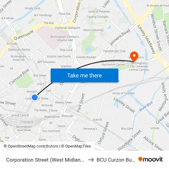 Corporation Street (West Midlands Metro) to BCU Curzon Building map