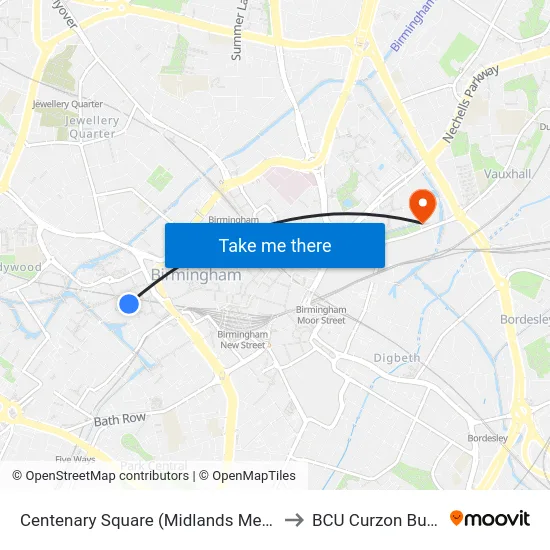 Centenary Square (Midlands Metro Stop) to BCU Curzon Building map
