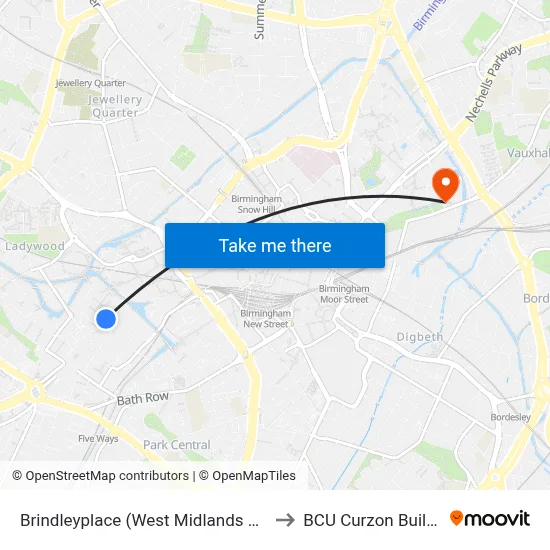 Brindleyplace (West Midlands Metro) to BCU Curzon Building map