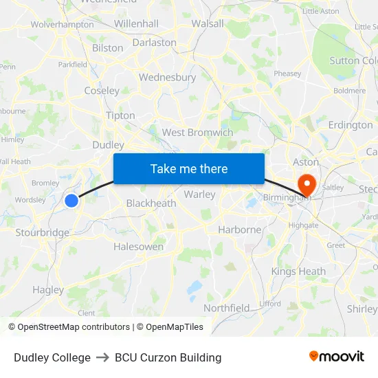 Dudley College to BCU Curzon Building map