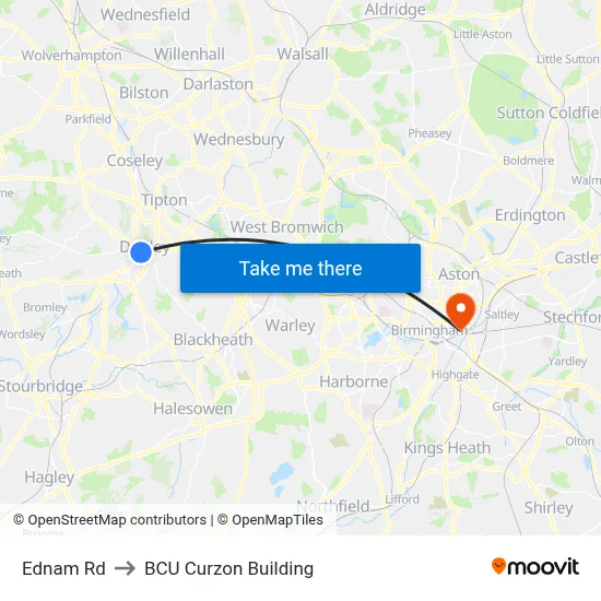 Ednam Rd to BCU Curzon Building map