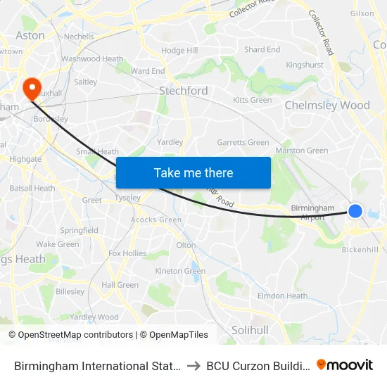 Birmingham International Station to BCU Curzon Building map
