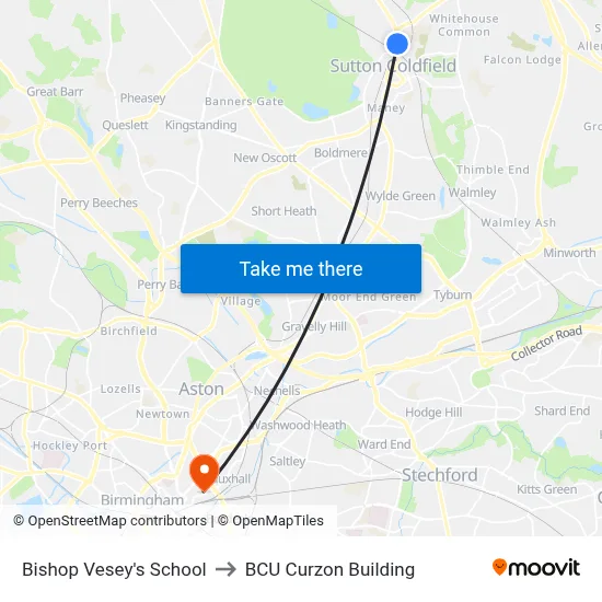 Bishop Vesey's School to BCU Curzon Building map