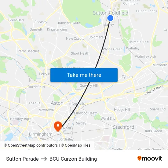 Sutton Parade to BCU Curzon Building map