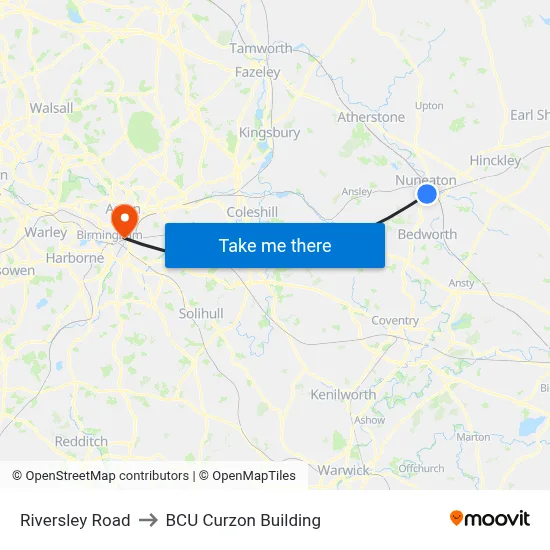 Riversley Road to BCU Curzon Building map