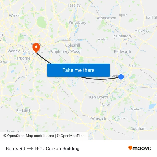 Burns Rd to BCU Curzon Building map