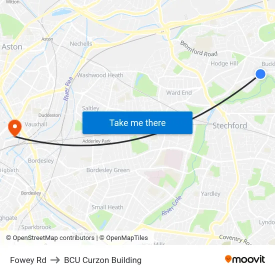 Fowey Rd to BCU Curzon Building map