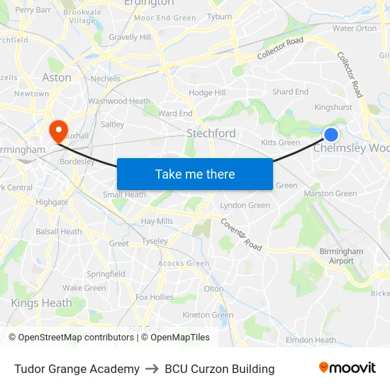 Tudor Grange Academy to BCU Curzon Building map