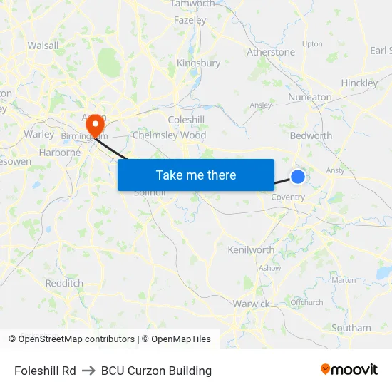 Foleshill Rd to BCU Curzon Building map