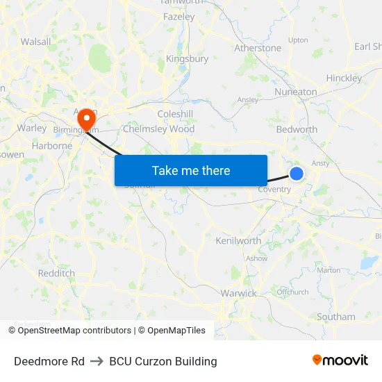 Deedmore Rd to BCU Curzon Building map