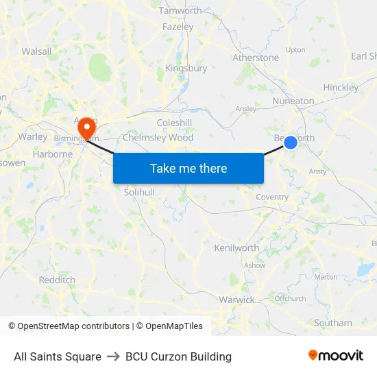All Saints Square to BCU Curzon Building map