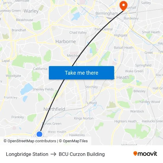 Longbridge Station to BCU Curzon Building map