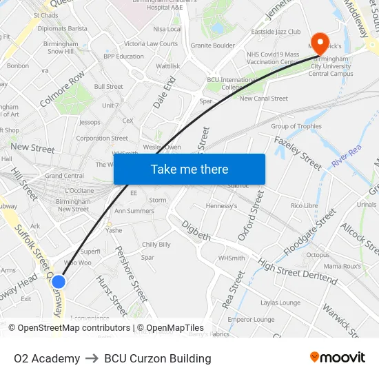 O2 Academy to BCU Curzon Building map