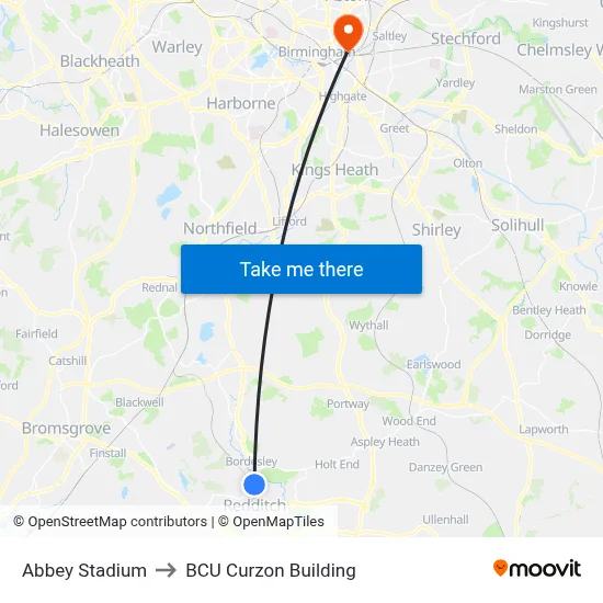 Abbey Stadium to BCU Curzon Building map
