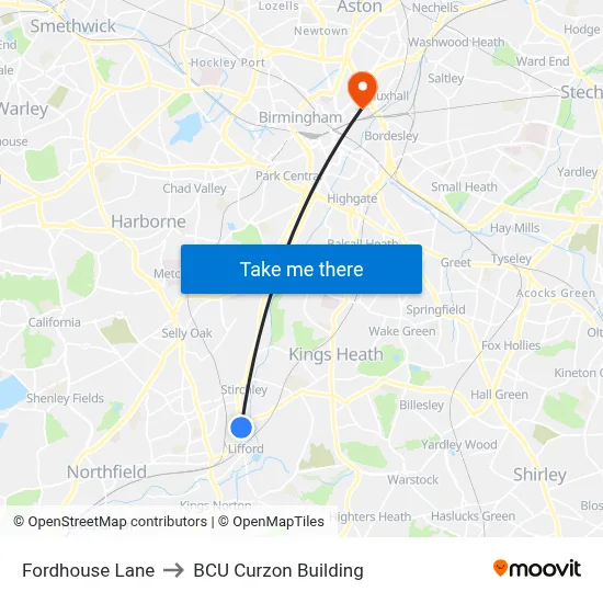 Fordhouse Lane to BCU Curzon Building map