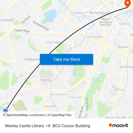 Weoley Castle Library to BCU Curzon Building map
