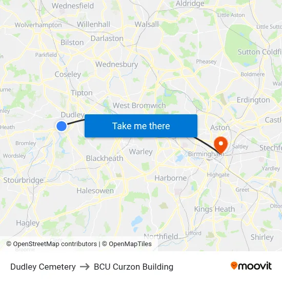 Dudley Cemetery to BCU Curzon Building map