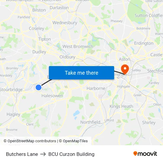 Butchers Lane to BCU Curzon Building map