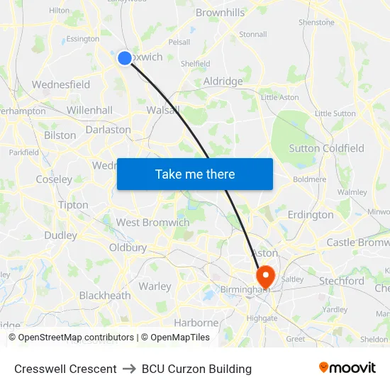 Cresswell Crescent to BCU Curzon Building map