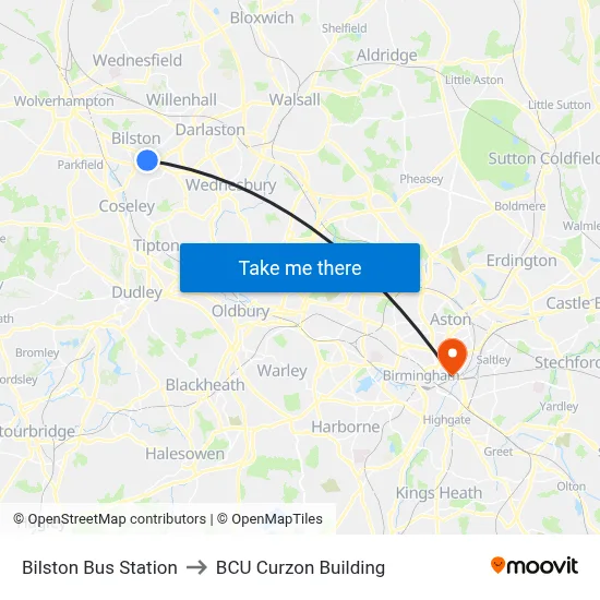 Bilston Bus Station to BCU Curzon Building map