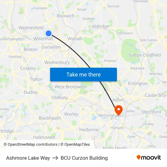 Ashmore Lake Way to BCU Curzon Building map