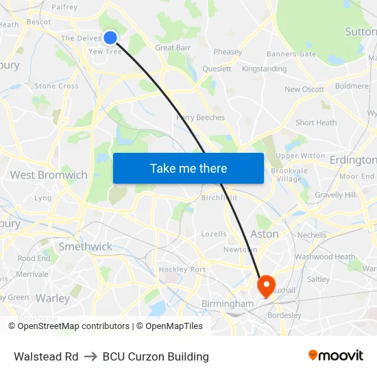Walstead Rd to BCU Curzon Building map