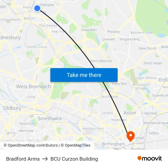 Bradford Arms to BCU Curzon Building map