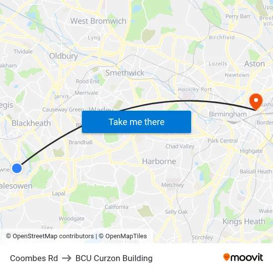 Coombes Rd to BCU Curzon Building map