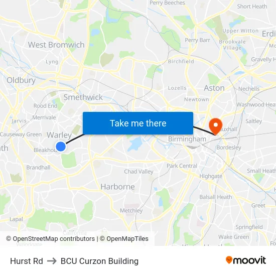 Hurst Rd to BCU Curzon Building map