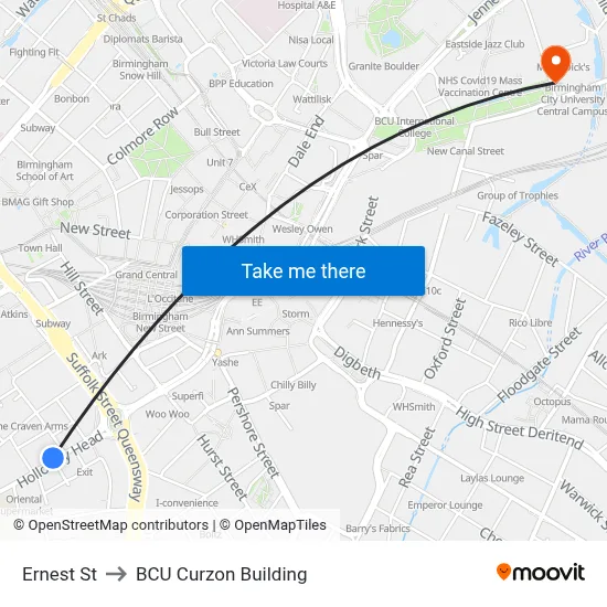 Ernest St to BCU Curzon Building map