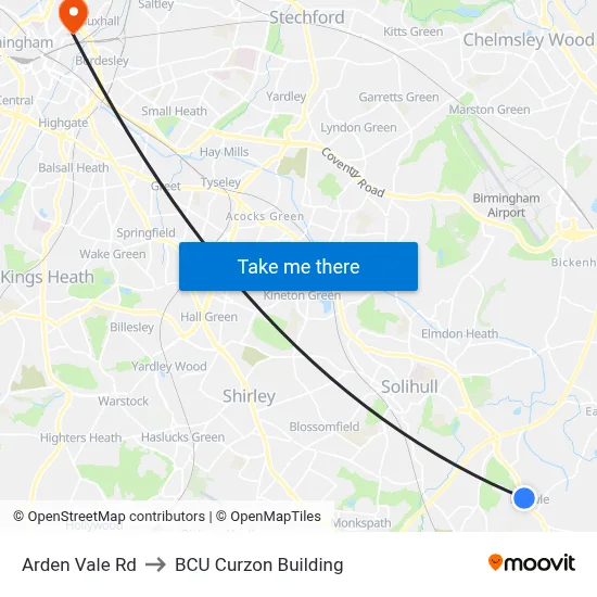 Arden Vale Rd to BCU Curzon Building map