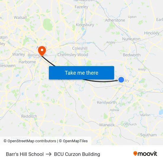 Barr's Hill School to BCU Curzon Building map