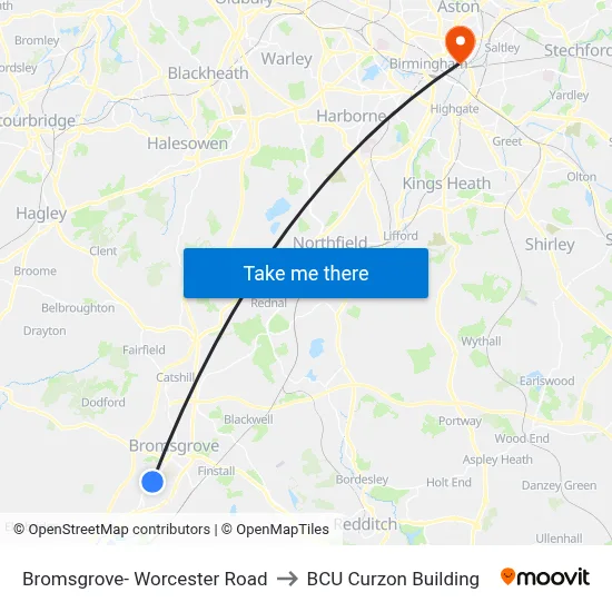 Bromsgrove- Worcester Road to BCU Curzon Building map