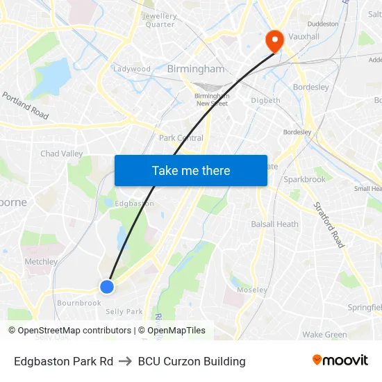 Edgbaston Park Rd to BCU Curzon Building map