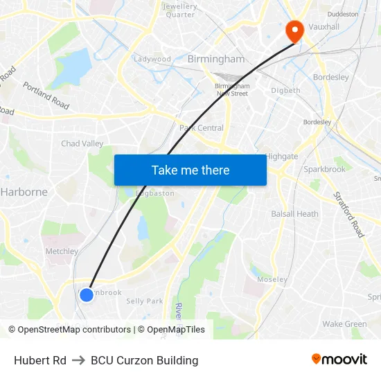 Hubert Rd to BCU Curzon Building map