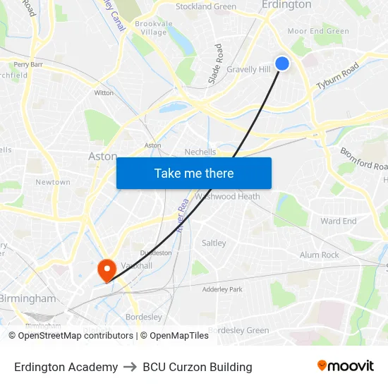 Erdington Academy to BCU Curzon Building map