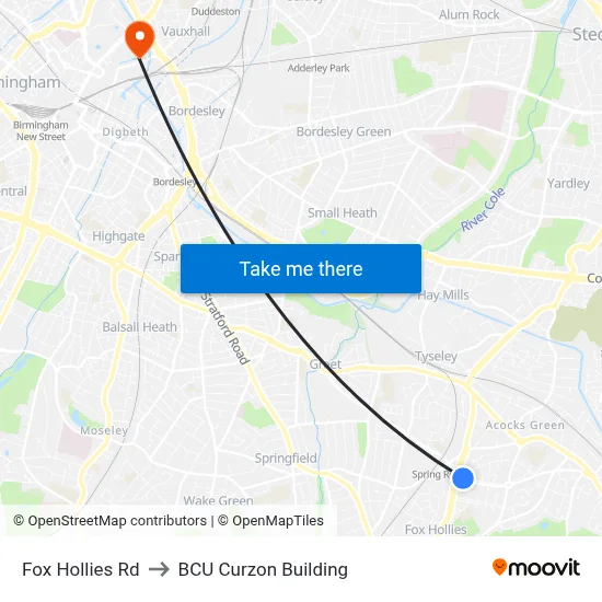 Fox Hollies Rd to BCU Curzon Building map