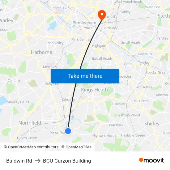 Baldwin Rd to BCU Curzon Building map