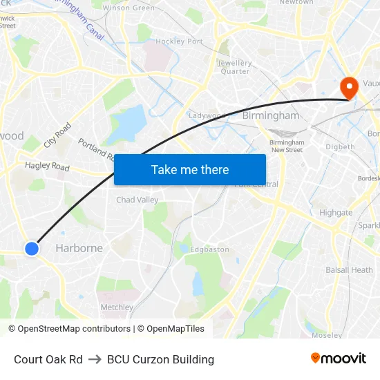 Court Oak Rd to BCU Curzon Building map