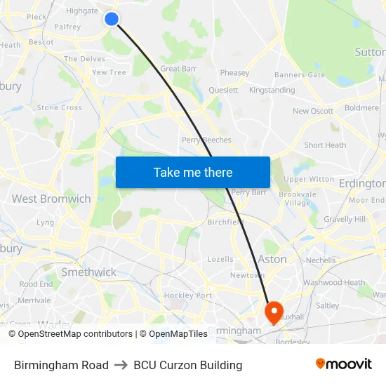 Birmingham Road to BCU Curzon Building map