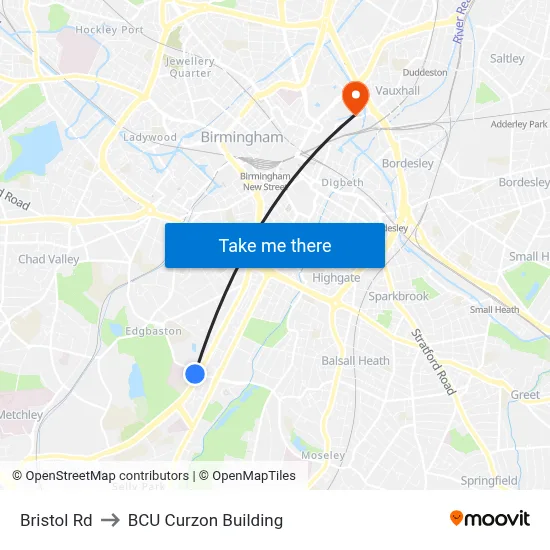 Bristol Rd to BCU Curzon Building map
