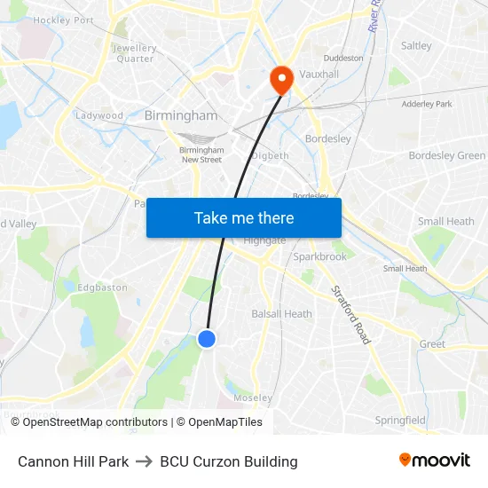 Cannon Hill Park to BCU Curzon Building map