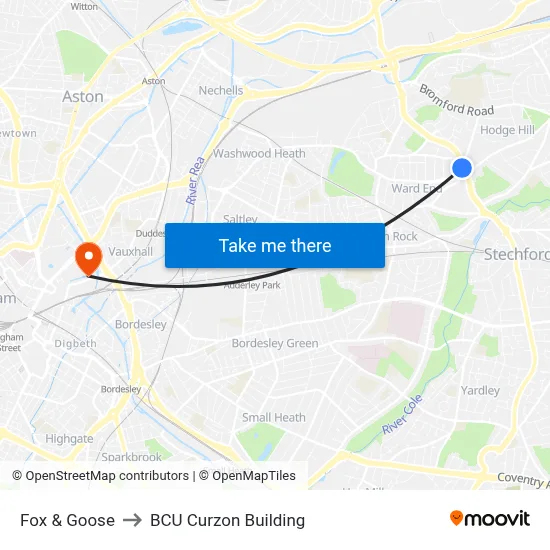 Fox & Goose to BCU Curzon Building map