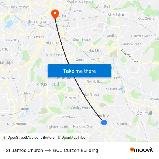 St James Church to BCU Curzon Building map